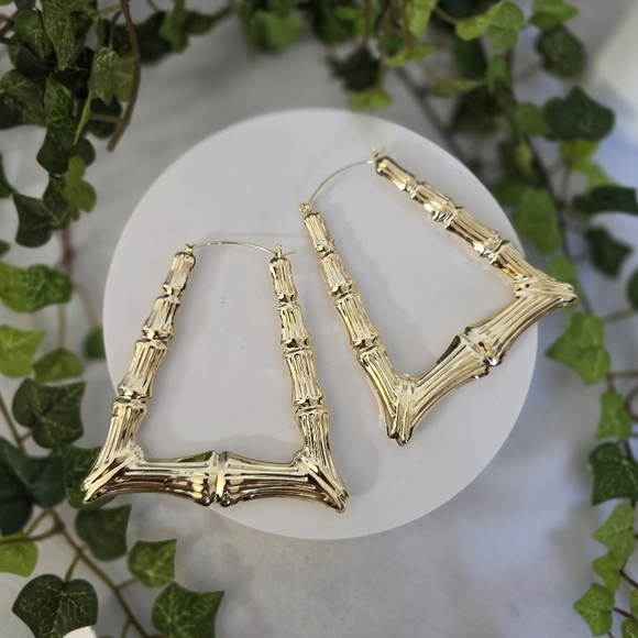 Gold Filled Large Statement Doorknocker Bamboo Hoop Earrings - Picture 1 of 9